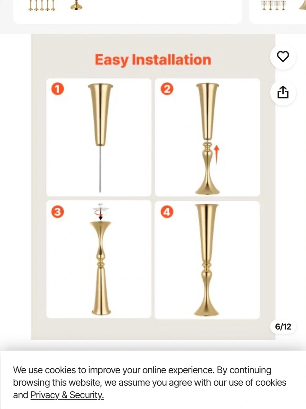 6 Gold Tall Table 31 inch Vase -florals not included